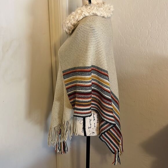 Northern Angel Multi Color Faux Fur Collar Knit Fringe Poncho - Picture 2 of 10